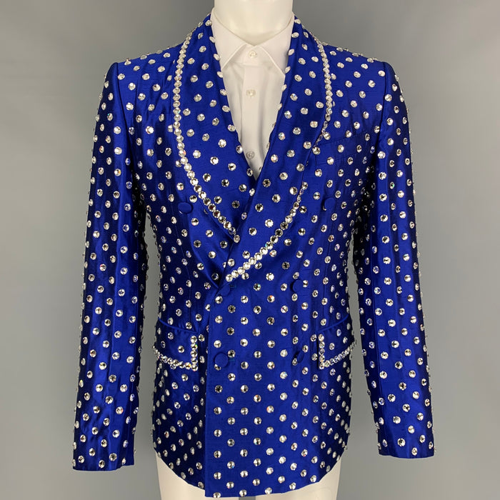 DOLCE &amp; GABBANA Talla 38 Abrigo deportivo con cuello chal de seda y cristales azul real