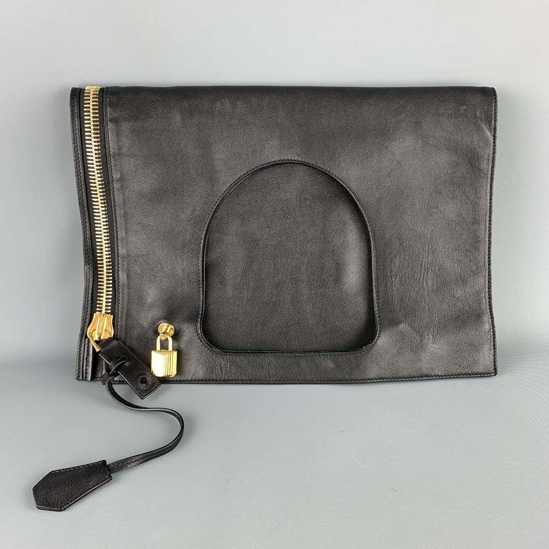 TOM FORD Black Leather AXIS Gold Padlock Fold Over Clutch Shoulder Bag
