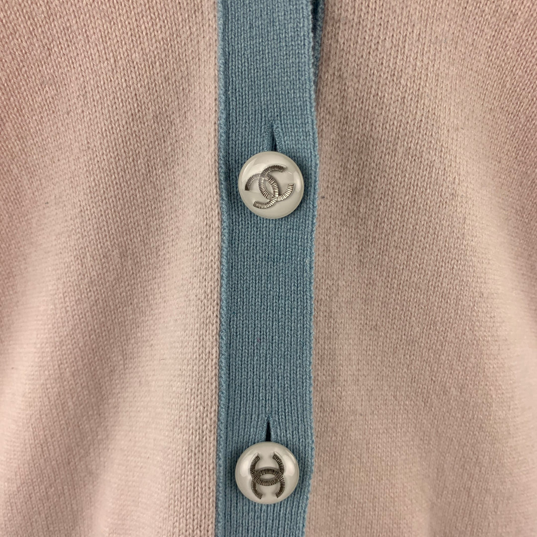 CHANEL Size 10 Pink Knitted Blue Trim Cashmere Cardigan
