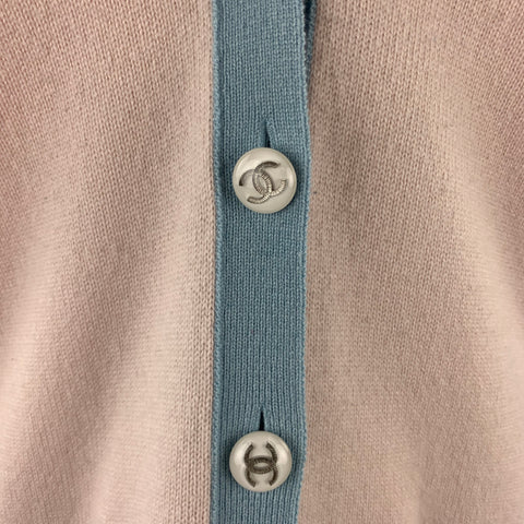 CHANEL Size 10 Pink Knitted Blue Trim Cashmere Cardigan
