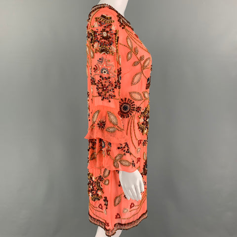 MATTHEW WILLIAMSON Size 8 Orange Multi-Color Polyester Beaded Long Sleeve Dress