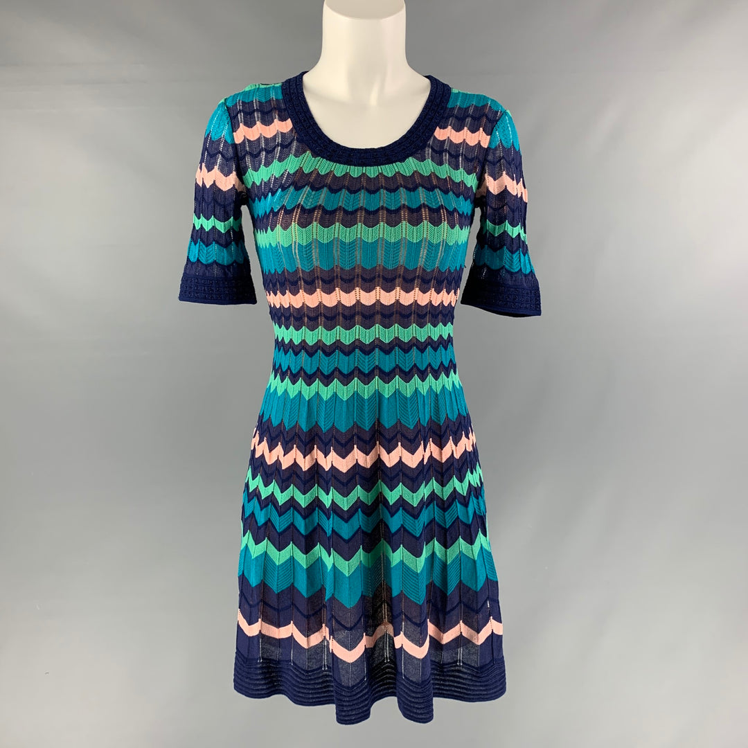 M MISSONI Size 2 Blue, Green and Pink Polyester Stripe Short Sleeve Dress Sui Generis Designer Consignment M MISSONI Size 2 Blue, Green and Pink Polyester Stripe Short Sleeve Dress Sui Generis Designer Consignment