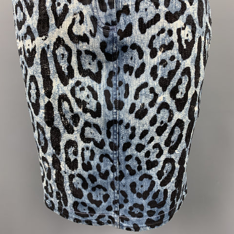 DOLCE & GABBANA Size 6 Blue Lepard Print Distressed Denim Pencil Skirt