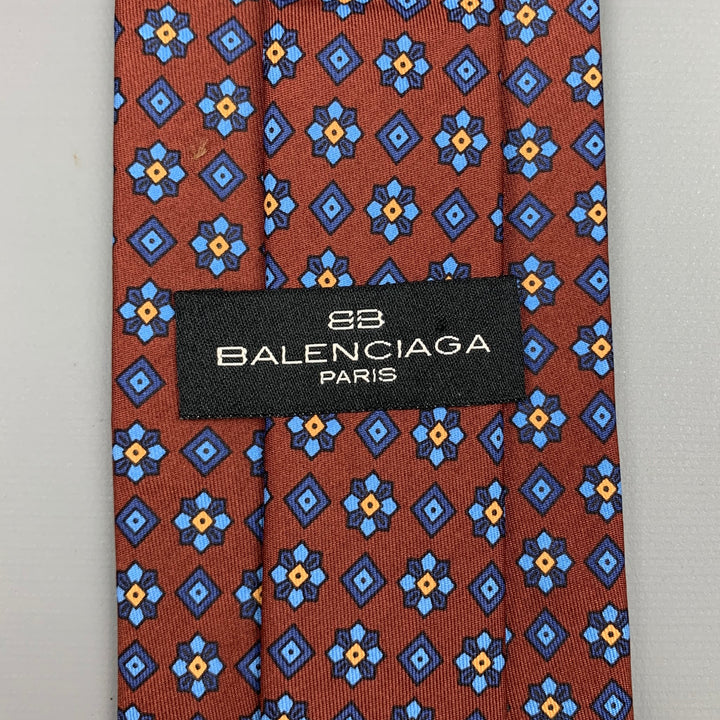 BALENCIAGA Burgundy & Blue Floral Silk Tie