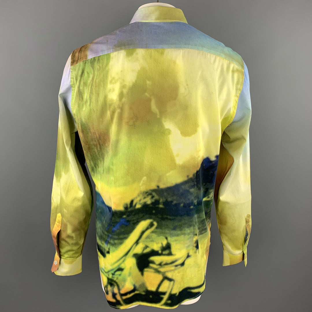 PAUL SMITH Camisa de manga larga con botones de algodón con estampado de paisaje verde y amarillo talla XXL