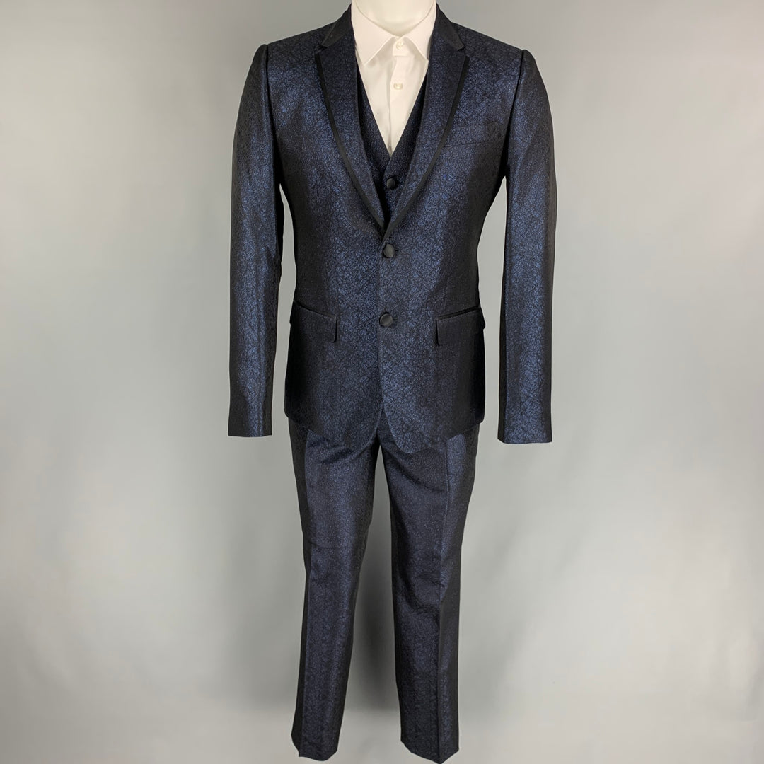 DOLCE & GABBANA Size 38 Regular Dark Blue & Black Sparkle Polyester / Viscose 3 Piece Tuxedo Suit
