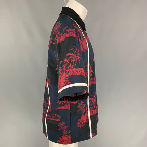 3.1 PHILLIP LIM x FILA Size L Navy Red Print Full Zip Short Sleeve Shirt