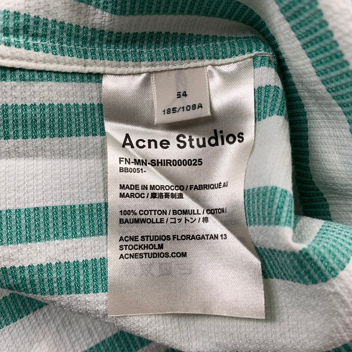 ACNE STUDIOS Size XL Green & White Stripe Cotton Camp Short Sleeve Shirt
