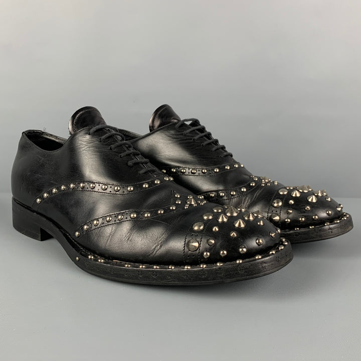 PRADA Size 10 Black Silver Studded Leather Lace Up Shoes
