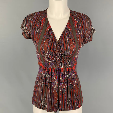 ETRO Taille 4 Haut décontracté sans manches en rayonne rouge marron Paisley