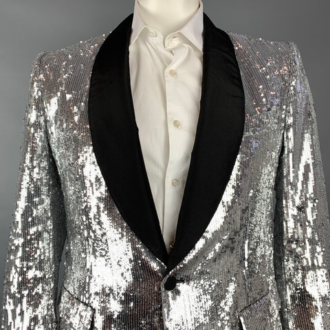 DOLCE & GABBANA Size 42 Regular Silver & Black Sequined Polyester / Silk Shawl Collar Sport Coat