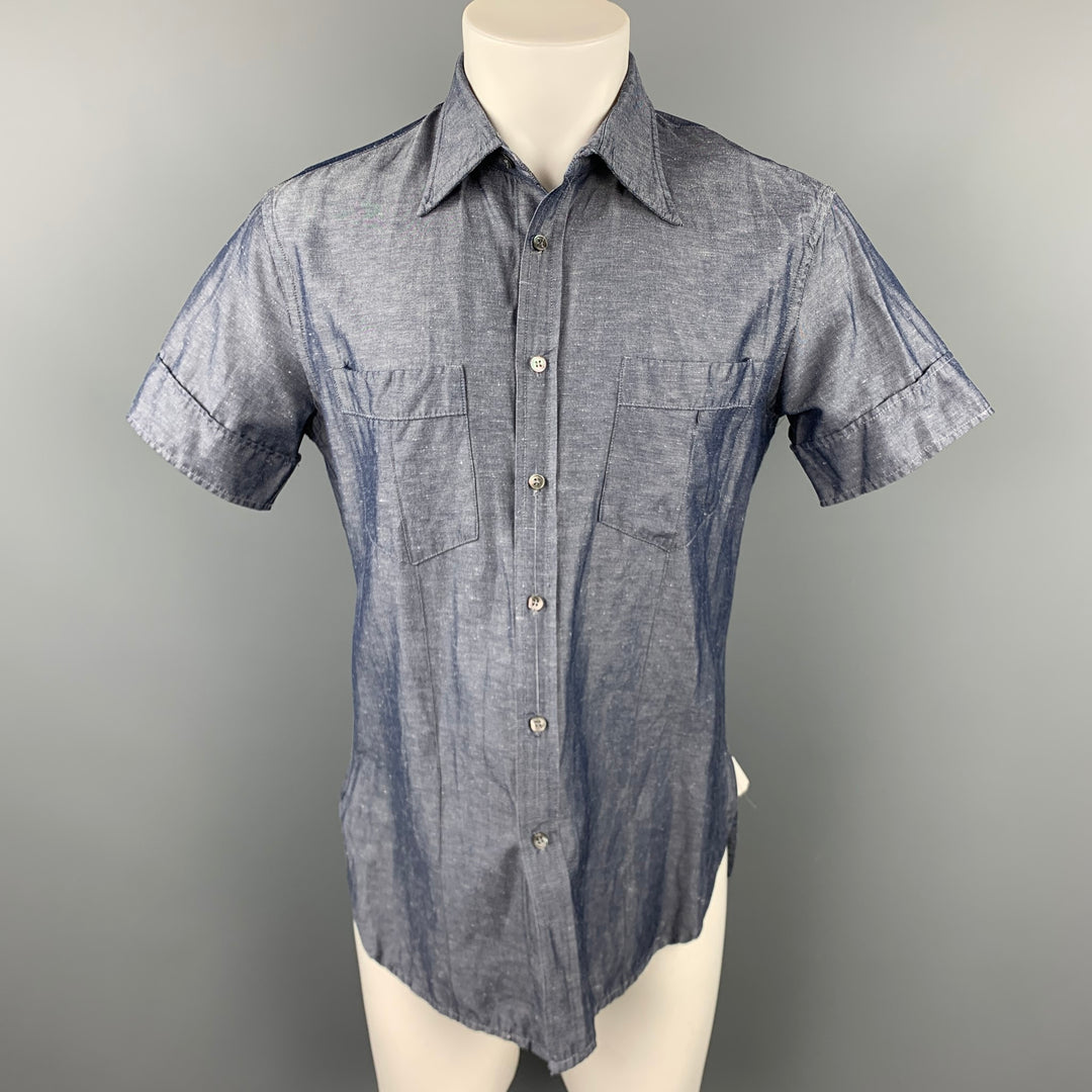 JOHN BARTLETT Size M Blue Chambray Cotton Button Up Short Sleeve Shirt