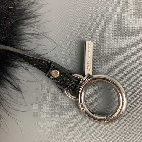 FENDI Black Yellow Leather Fox Fur Bag Bug Charm Keyring
