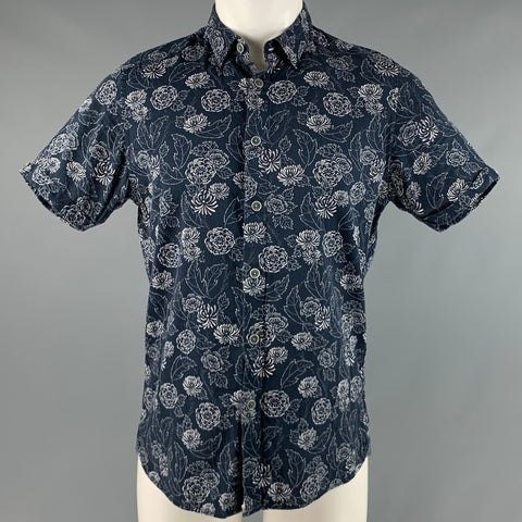 TED BAKER Size M Navy White Floral Cotton Short Sleeve Shirt