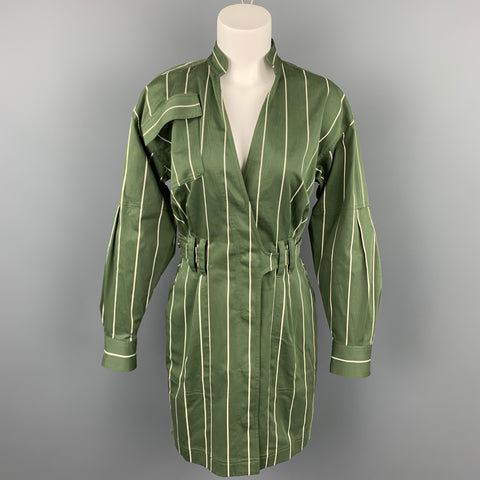 DEREK LAM Size 6 Olive & Cream Stripe Cotton Shirt Dress