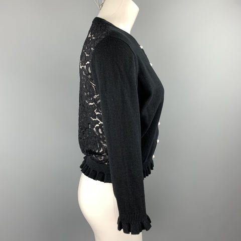 KARL LAGERFELD Size XS Black Cotton Blend Lace Back Ruffle Cardigan