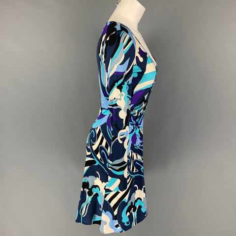 EMILIO PUCCI Size 8 Navy Purple Silk Abstract Ruched Dress