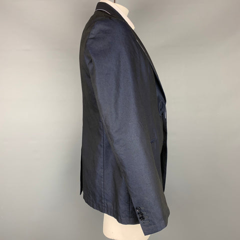 ARMANI COLLEZIONI Size 42 Navy & White Linen / Polyester Peak Lapel Sport Coat