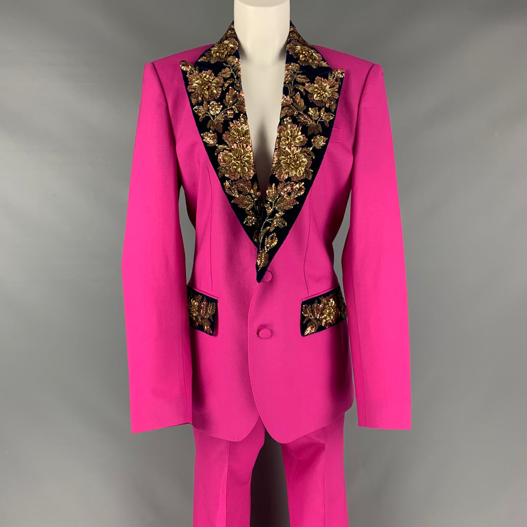 DOLCE & GABBANA Size 12 Pink Navy Gold Wool Beaded Peak Lapel Pants Su Sui Generis Designer Consignment DOLCE & GABBANA Size 12 Pink Navy Gold Wool Beaded Peak Lapel Pants Su Sui Generis Designer Consignment