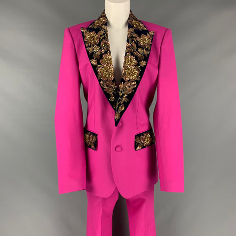 DOLCE & GABBANA Size 12 Pink Navy Gold Wool Beaded Peak Lapel Pants Suit