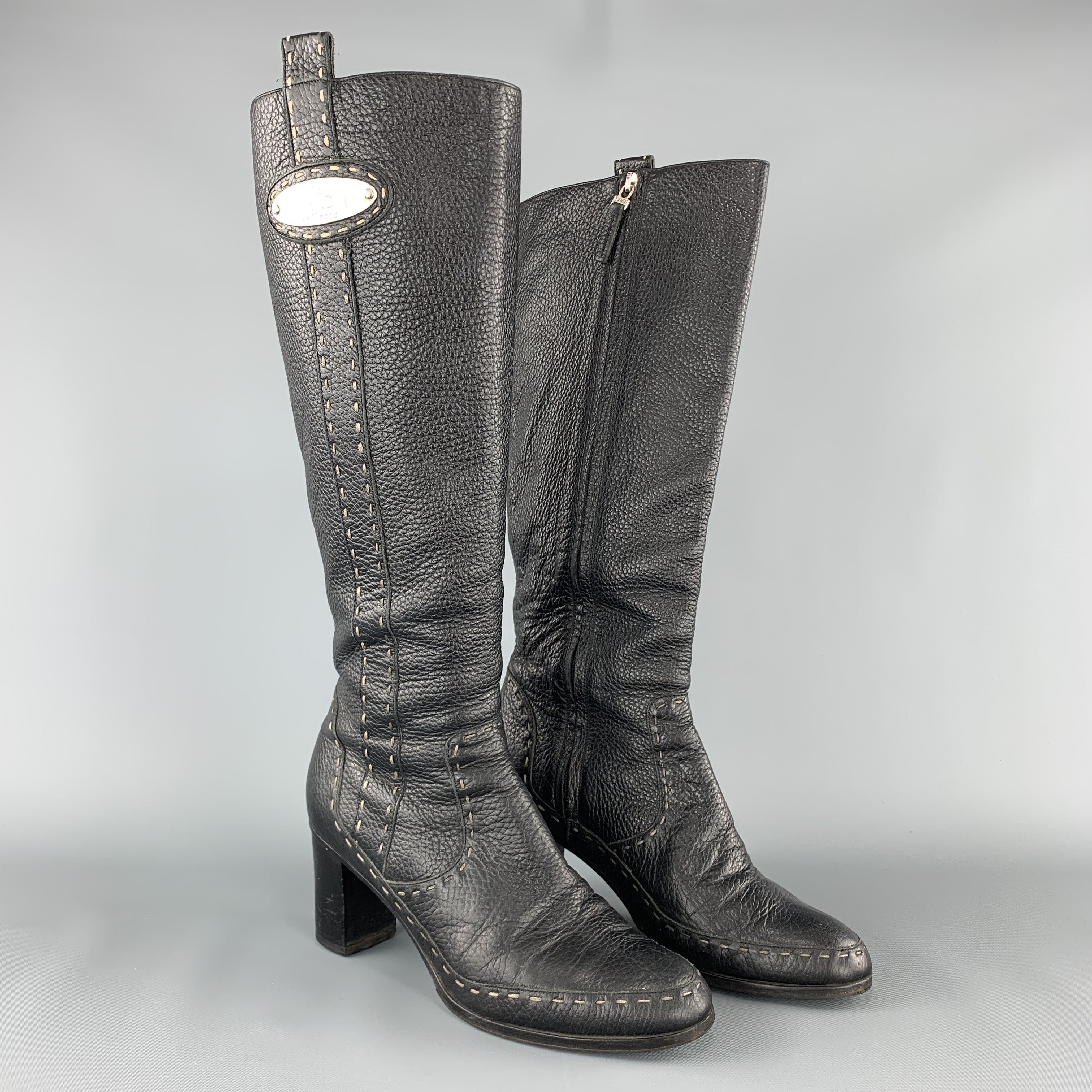 Fendi Knee High Grey Leather Selleria