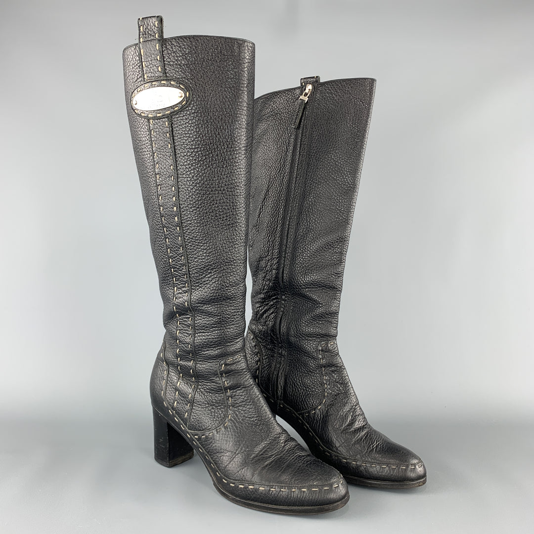 FENDI Size 9 Brown Textured Top Stitch SELLERIA Knee High Boots