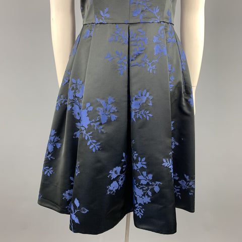 OSCAR DE LA RENTA Size 12 Black & Blue Floral Satin Sleeveless Cocktail Dress