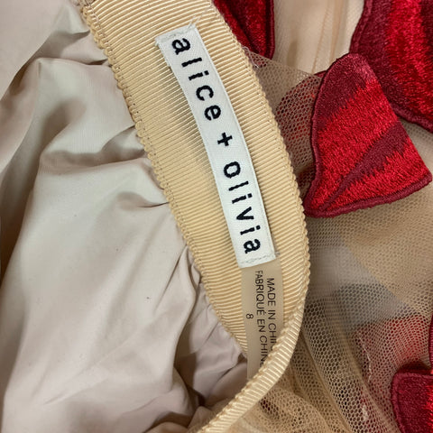 ALICE + OLIVIA Size 8 Beige Red Silk Embellishment Circle Skirt