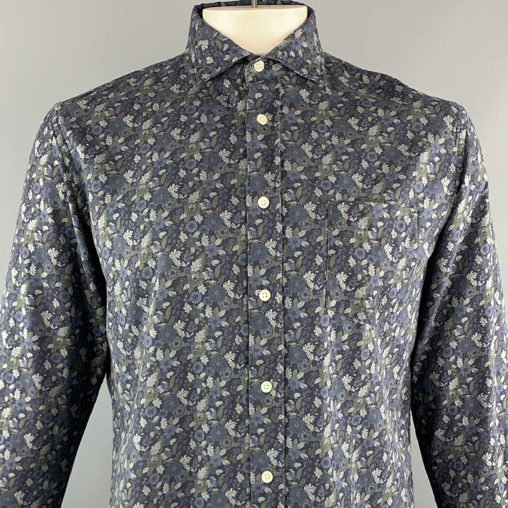 HARTFORD Size M Navy & Grey Floral Cotton Button Up Long Sleeve Shirt