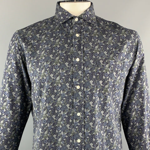HARTFORD Size M Navy & Grey Floral Cotton Button Up Long Sleeve Shirt