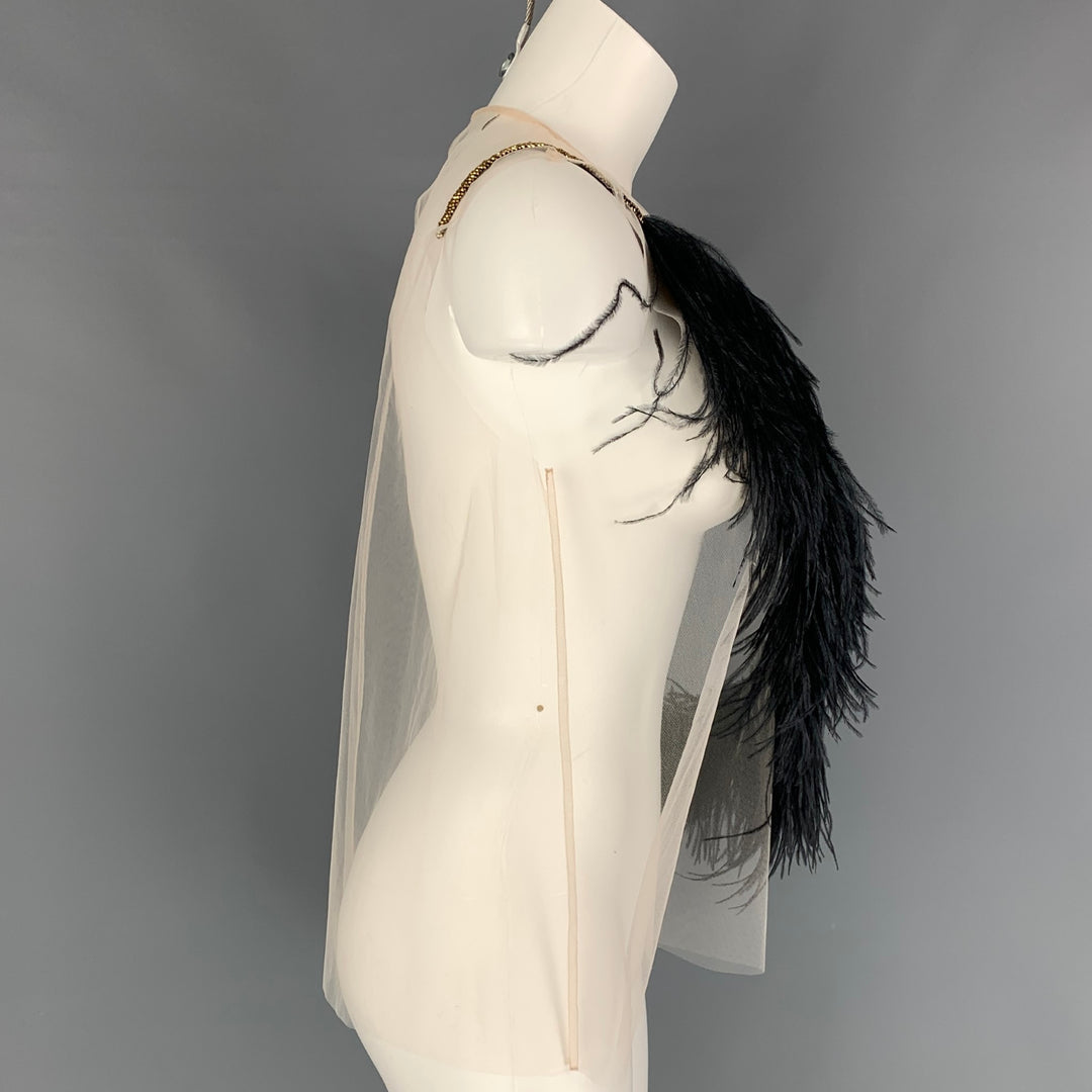 DRIES VAN NOTEN x Christian LaCroix Spring 2020 Size 6 Blush Black Polyester Feathers Sleeveless Blouse