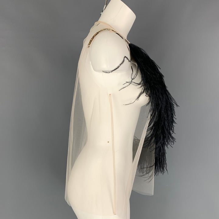 DRIES VAN NOTEN x Christian LaCroix Spring 2020 Size 6 Blush Black Polyester Feathers Sleeveless Blouse