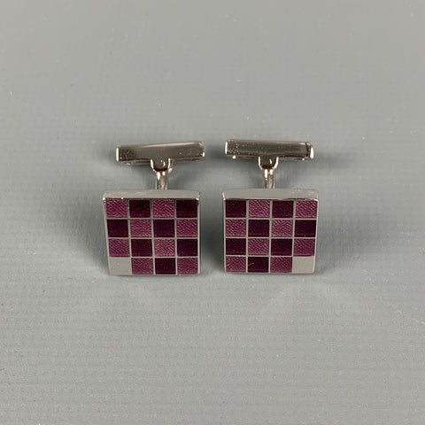LOUIS VUITTON Burgundy Checkered Leather Enamel Damier Sterling Silver Cuff Links