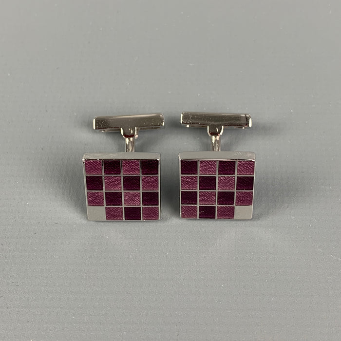 LOUIS VUITTON Burgundy Checkered Leather Enamel Damier Sterling Silver Cuff Links