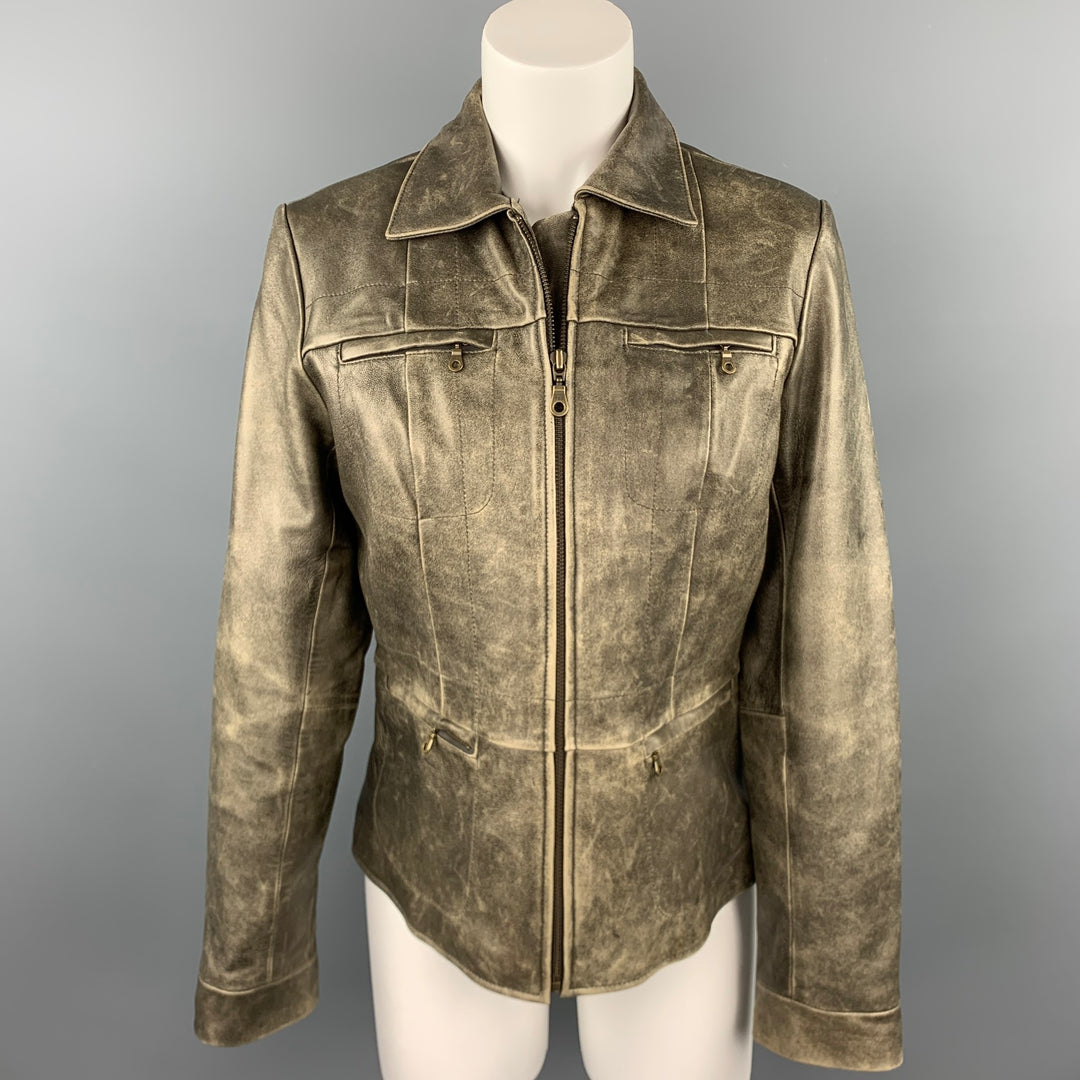 ALFANI Size M Taupe Distressed Leather Zipper Pockets Jacket
