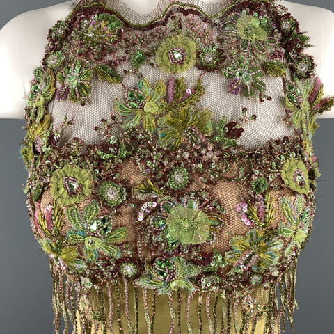 LILY SAMII Size 6 Light Green Silk Floral Beaded Lace Bustier Evening Gown