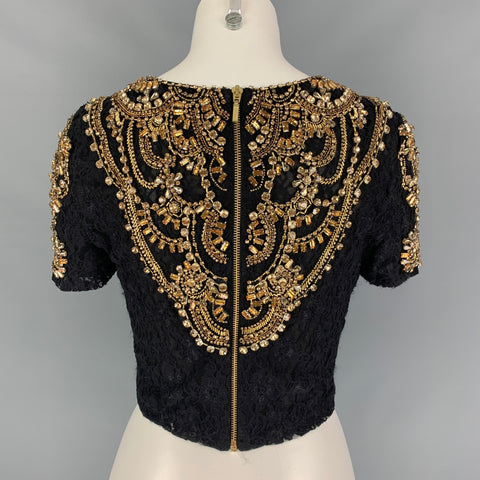 BADGLEY MISCHKA COUTURE Size XS Black & Gold Rhinestones Short Sleeve Dress Top