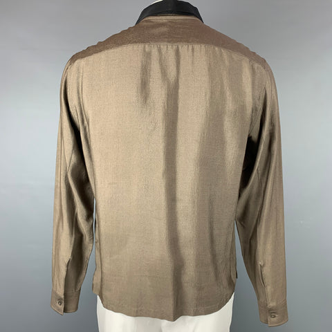 LANVIN Size XL Olive & Black Silk / Wool Long Sleeve Shirt