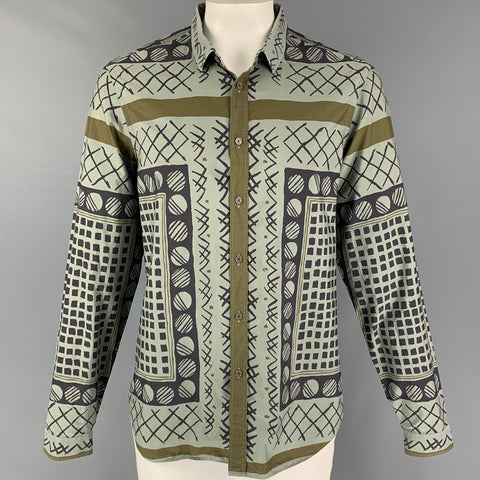 BURBERRY PRORSUM Spring 2013 Size XL Green Black Print Cotton Long Sleeve Shirt
