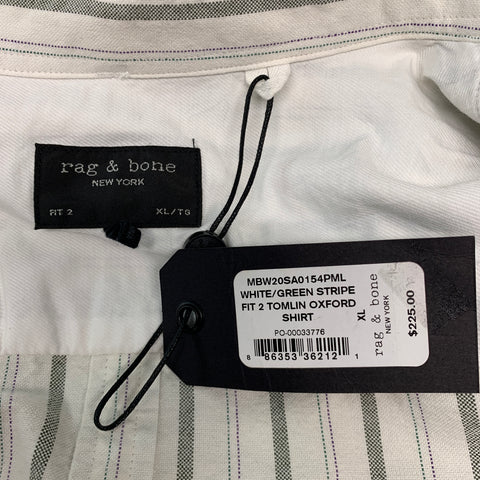RAG & BONE Size XL White Green Stripe Cotton Long Sleeve Shirt