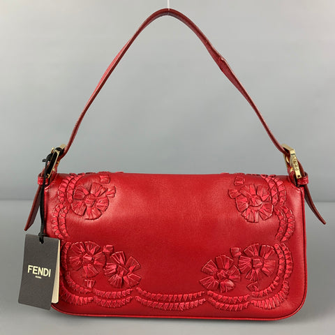 FENDI Red Floral Leather Baguette Shoulder Handbag