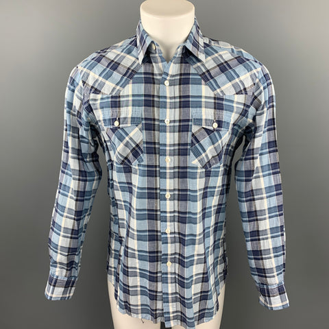 HAMILTON Size M Blue Plaid Cotton Patch Pockets Long Sleeve Shirt