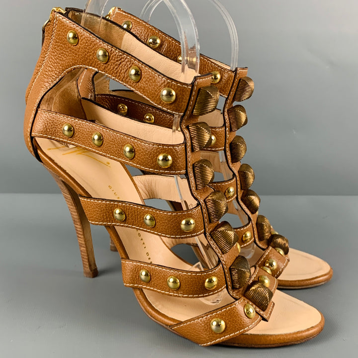 GIUSEPPE ZANOTTI Size 8 Brown Gold Leather Studded Ankle Sandals