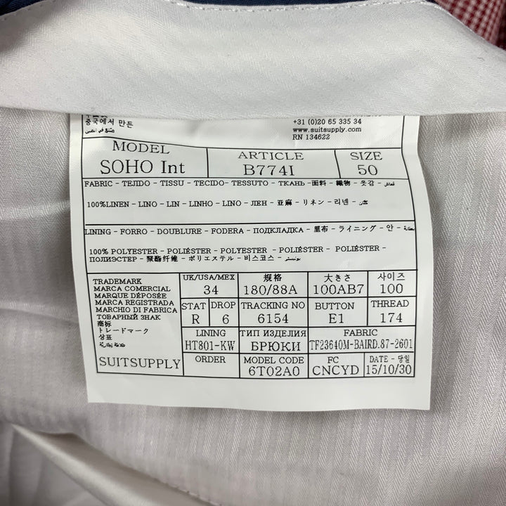 SUIT SUPPLY Pantalon décontracté en polyester Glenplaid rouge et blanc, taille 34, devant plat
