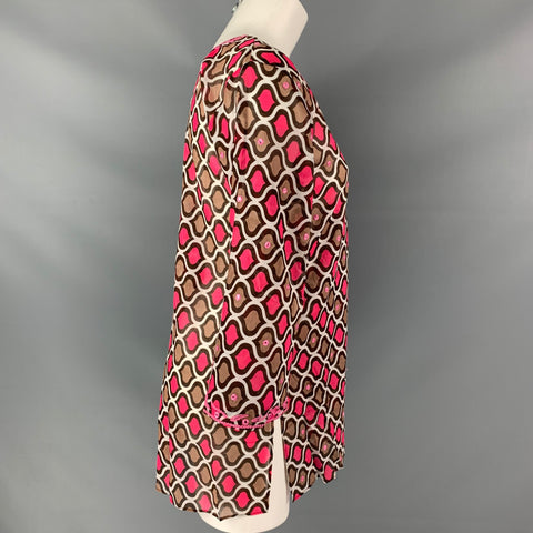 SULU Size 6 Fuchsia Brown & White Geometric Embroidered 3/4 Sleeves Tunic