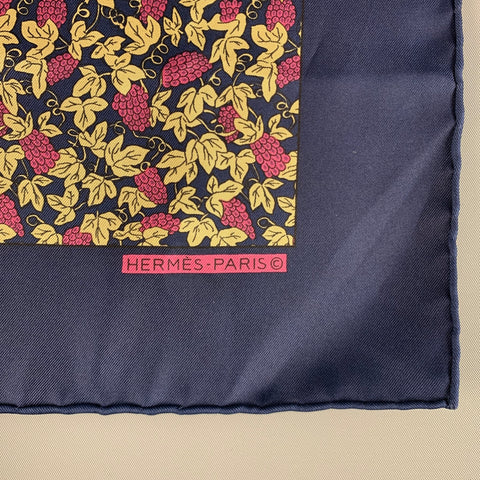 HERMES Navy Purple Grapes Silk Twill Pocket Square