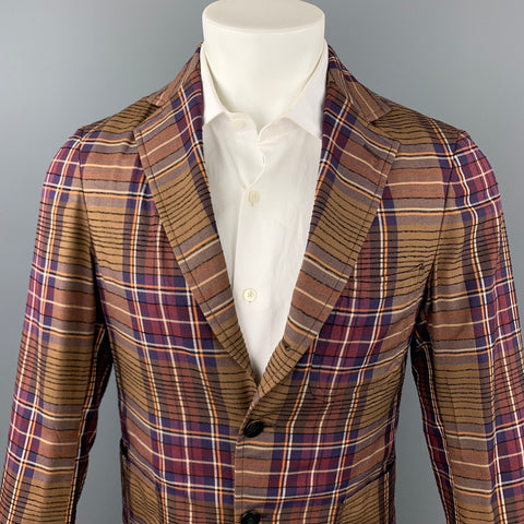 TOMORROWLAND Size 36 Brown & Burgundy Plaid Rayon Blend Sport Coat