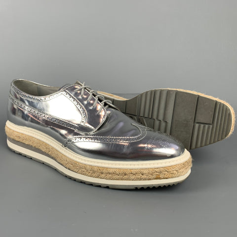 PRADA Size 12 Silver Metallic Leather Platform Lace Up Shoes