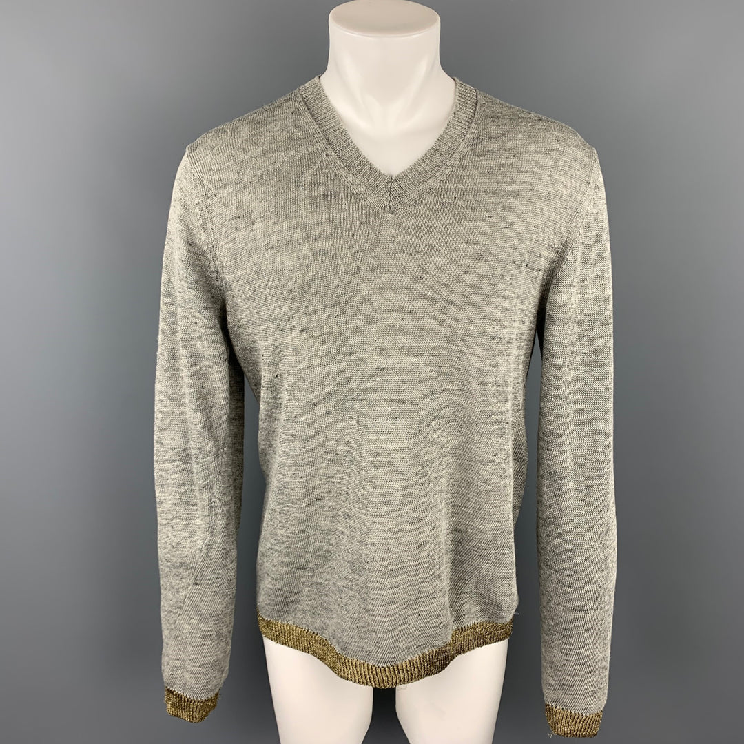 COMME des GARCONS SHIRT Size M Grey & Gold Knitted Linen V-Neck Pullover