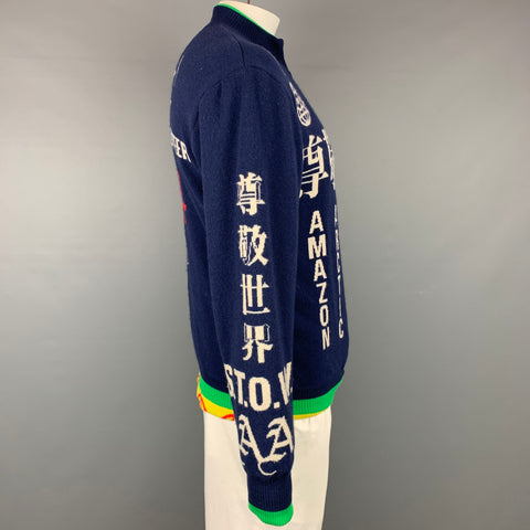 WALTER VAN BEIRENDONCK 2006 Size L Blue & Green Wool / Cotton Reversible Cardigan